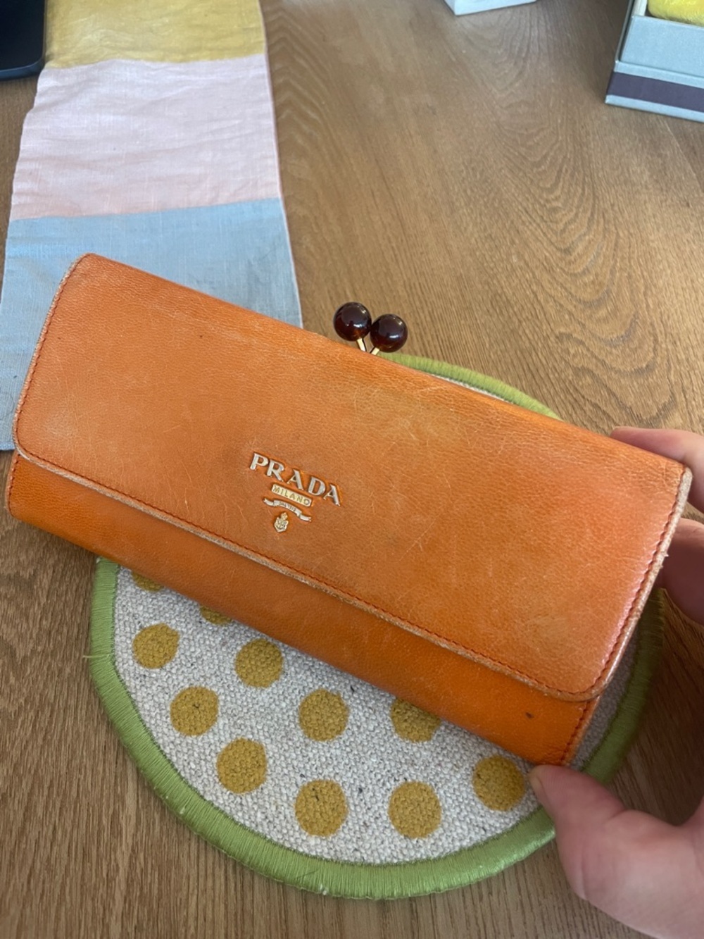 Prada Orange Leather Continental Wallet Gold Logo Zip Clutch